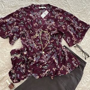 NWT Loft burgundy/plum wrap blouse with peplum, size M